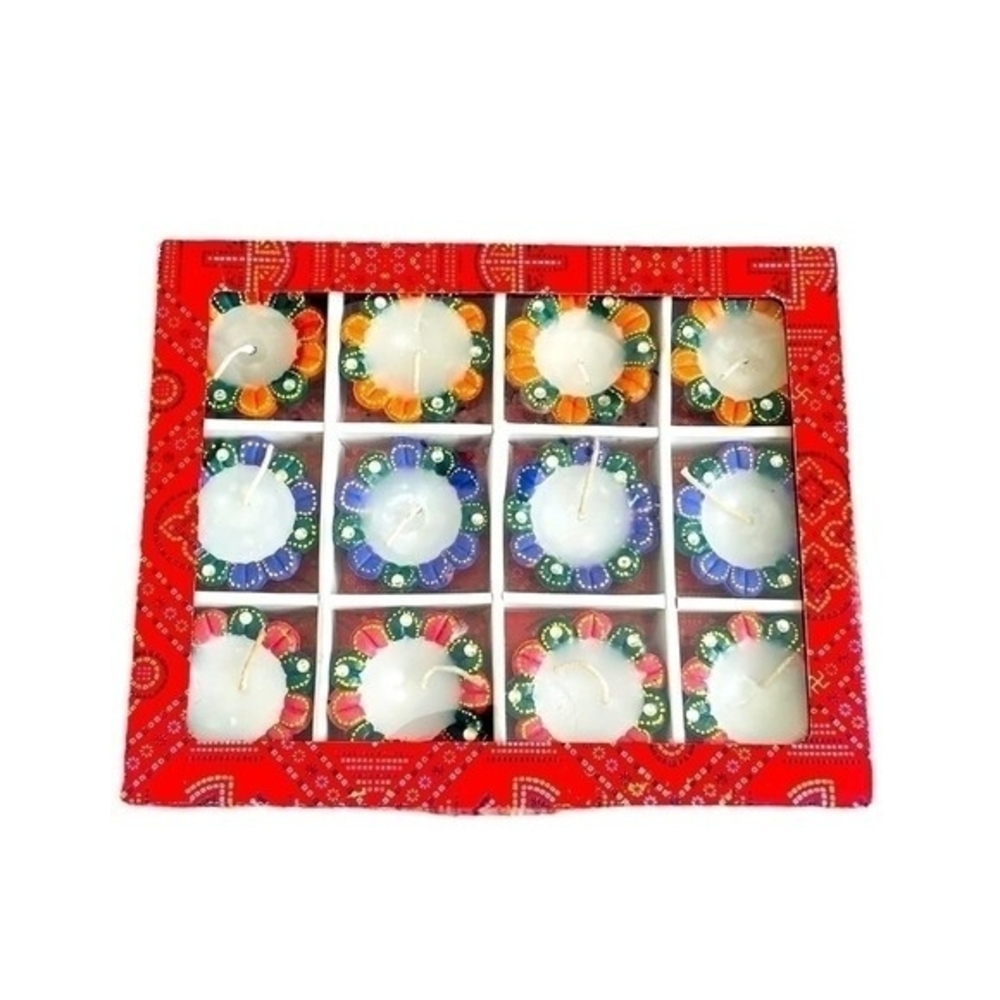 Handmade Clay Diya Set 12 Pcs Multicolor Flower Mitti Tealight India Diwali NIB